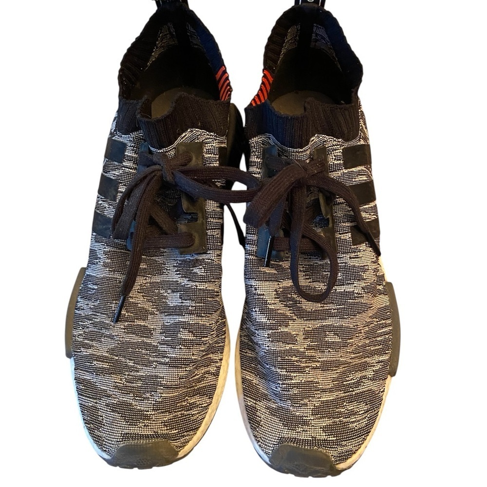 Adidas NMD R2 Primeknit Black/ White/ Grey Red Boost Sz 12